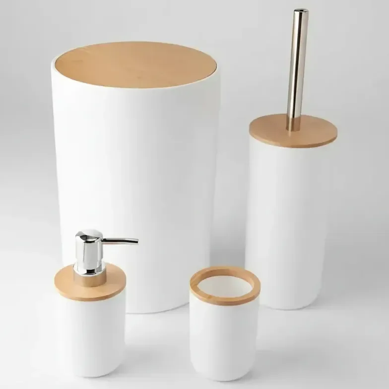 Kit Banheiro Lixeira Porta Escova 4 Peças Tampa Bambu Cor Branco Redondo