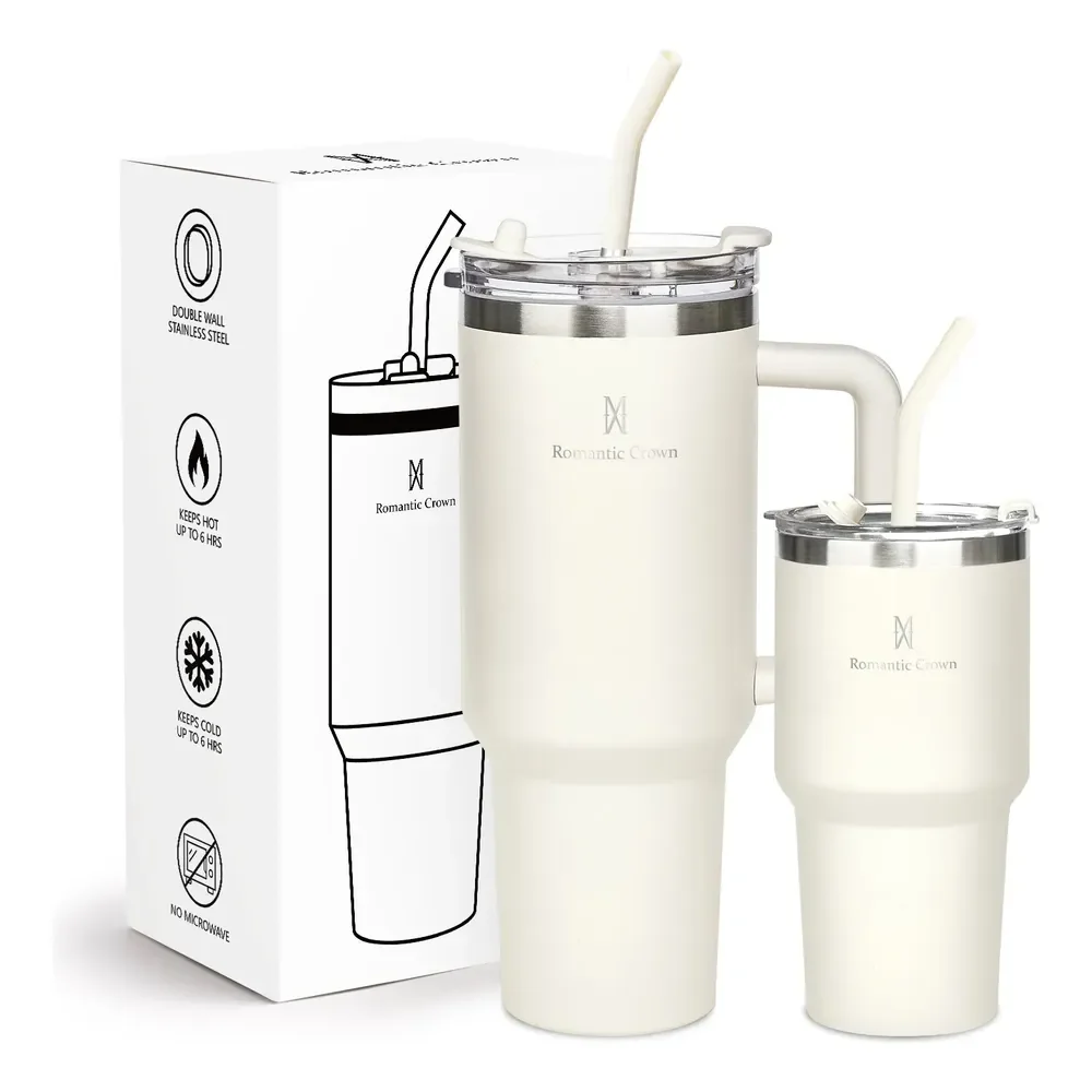 Kit Copo Térmico 1.2l+600ml Garrafa Inox Com Tampa E Canudo Branco Cor Pura / Material Fosco