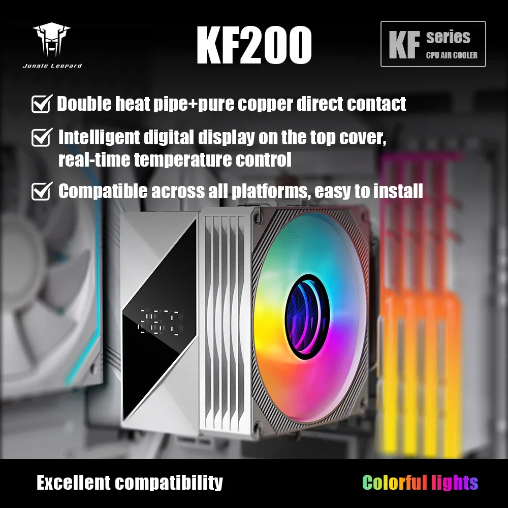 Cooler de CPU Silencioso Jungle Leopard KF200 DGT com 2 Tubos de Cobre e Ventoinha RGB LED para Gabinete de PC, Cooler de Ar para Processador de Desktop