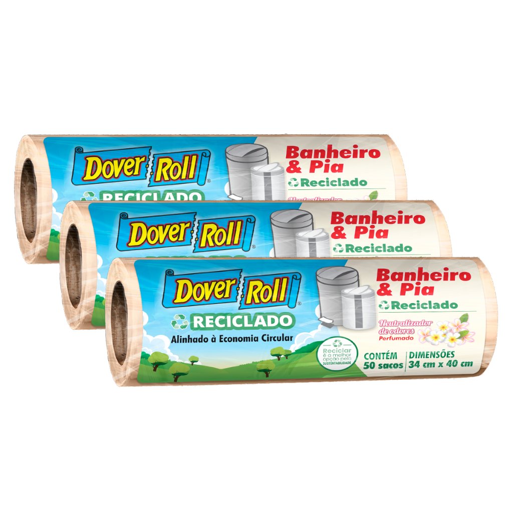 Kit 3 Sacos Para Lixo Banheiro e Pia Odor Defense Reciclado 34x40cm 50un - Dover Roll