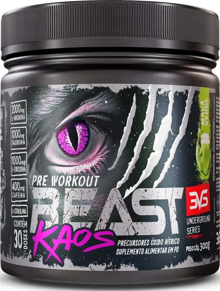 PRÉ TREINO BEAST KAOS 300g - Sabor Maçã Verde - Extra Forte com Citrulina, Beta Alanina, Cafeína, Arginina, Taurina e Tirosina