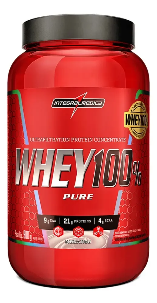 Whey 100% Pure Morango 900g Pote - BCAAs e Energia para Melhor Desempenho nos Exercícios