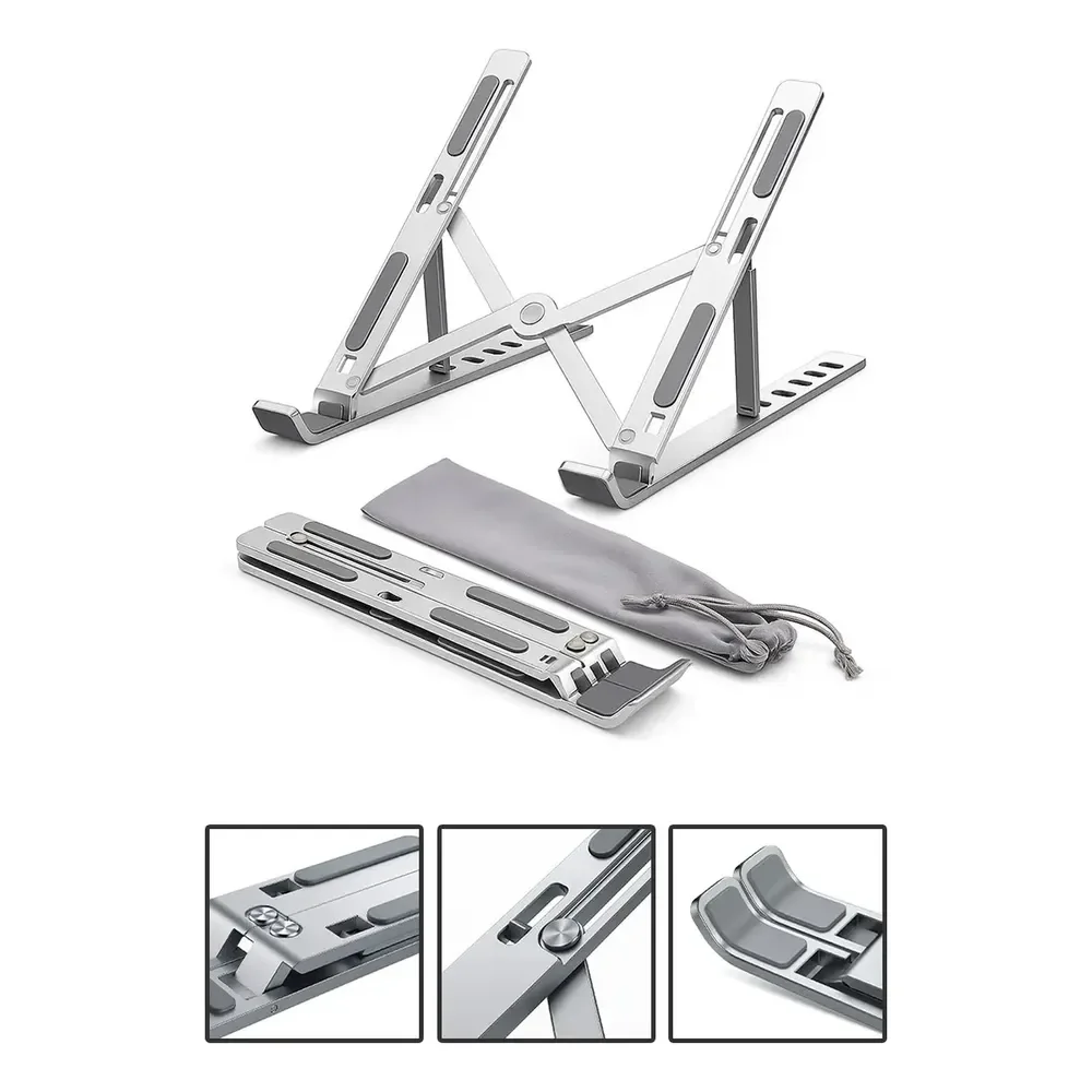 Base Suporte Para Pc Notebook Alumínio Portátil Articulado Dobrável Tablet Laptop Mesa Davely Cor Prateado