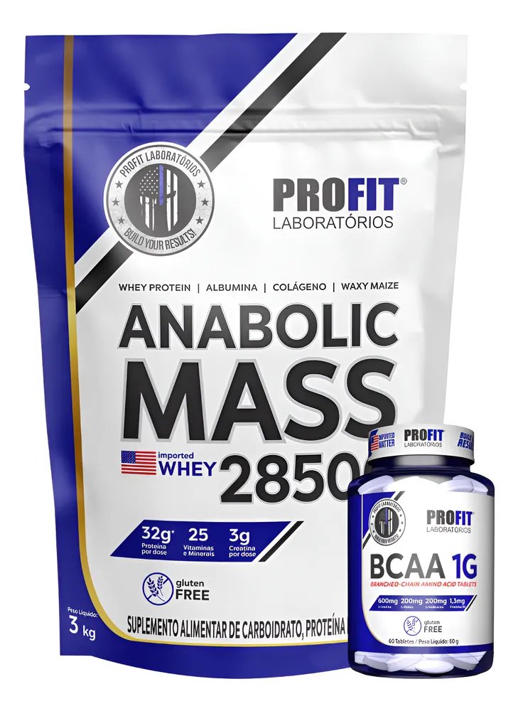 Kit Anabolic Mass C/ Whey 28500 + Bcaa 1g Profit Aminoácidos Chocolate Com Morango 3kg | Bcaa 60 Tabletes