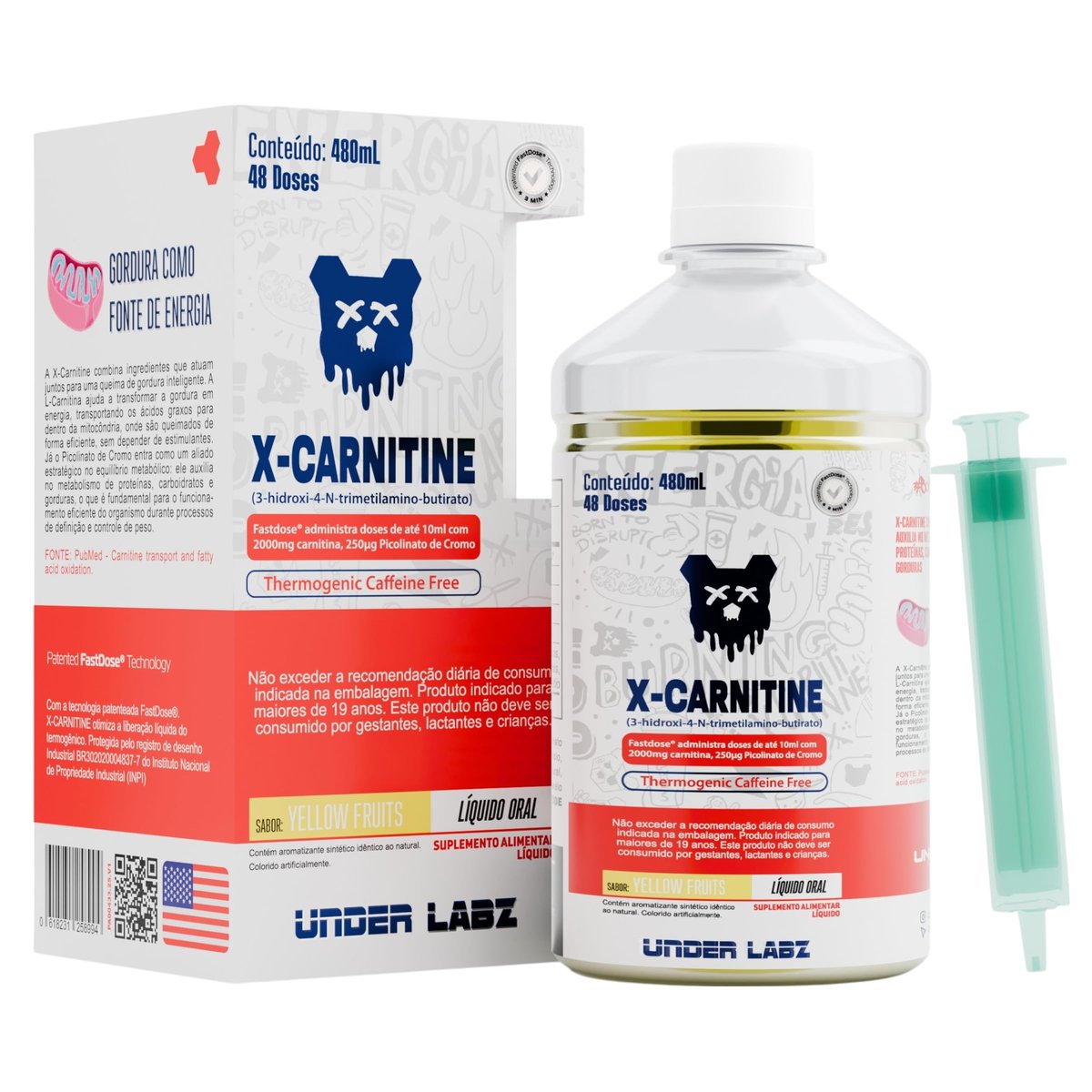 X-Carnitine Lipo Drive | Under Labz | Linha Essentials (480ml) – 48 doses | L-Carnitina Líquida, Energia e Foco Metabólico – Suplemento para Definição e Performance Diária (480ml (48doses), Yellow Fruits)