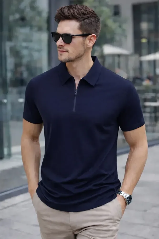 Camisa Polo Zíper Masculina Slim Fit Tecnológica Azul-marinho Liso P