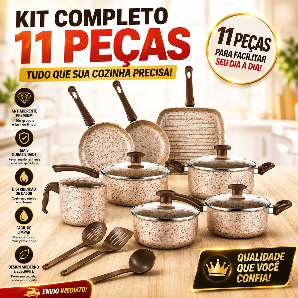 Jogo de Panelas Antiaderente 8, 10 ou 11 Peças - Com Tampas de Vidro e Utensílios