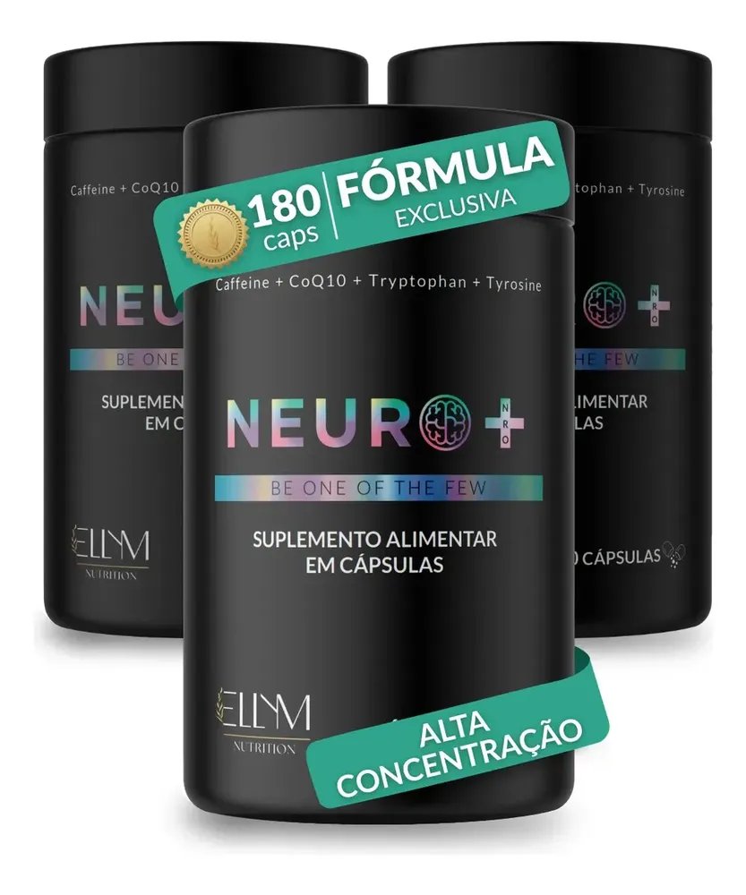 Kit 3 Neuro+ 60 Capsulas Nootropico Energético Foco Cafeina Taurina Magnesio Triptofano Taurina B12 L-Tirosina B3 B9 Memoria Energia Triptofano Vitaminas D Coenzima Q10 Ellym Nutrition