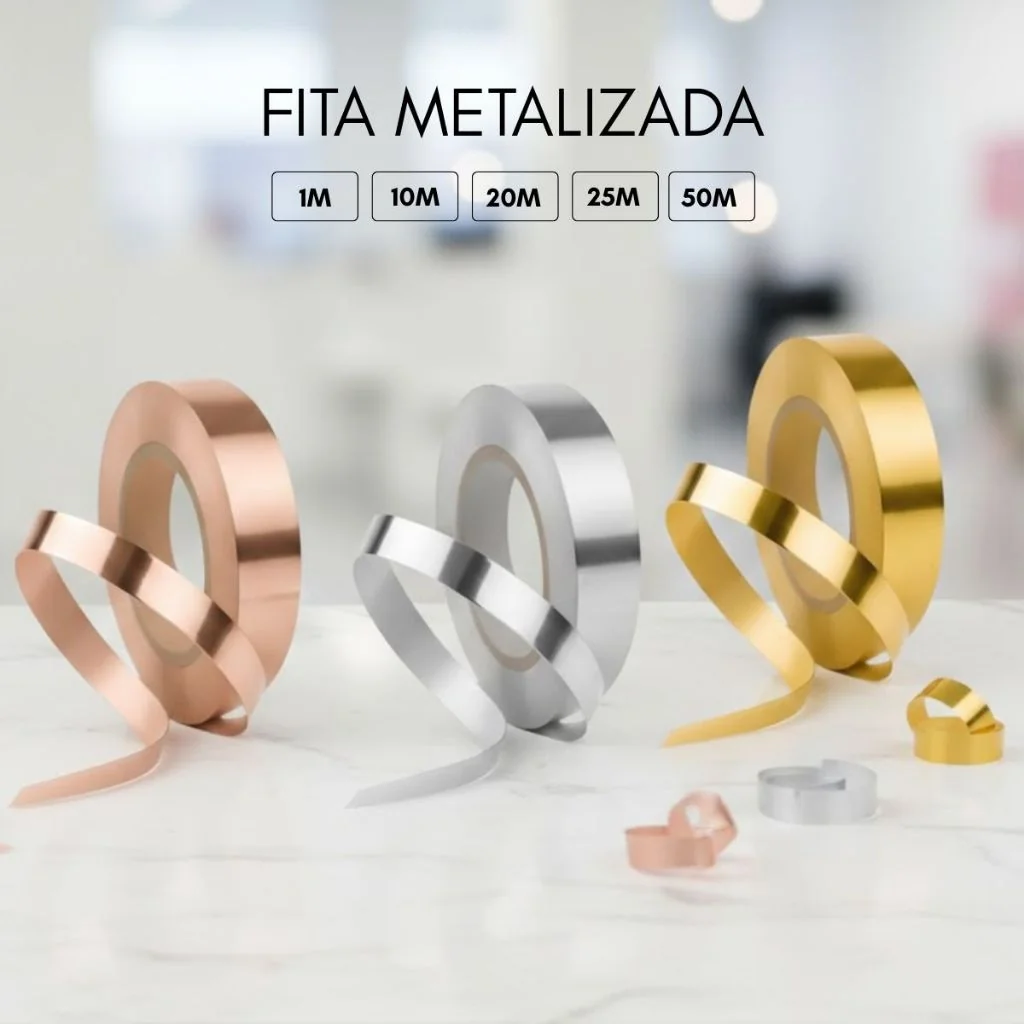 Fita Adesiva Resistente 1M 10M 20M 25M 50M Metalizado Cor Dourada Rose Prata Largura 1CM Decorativa