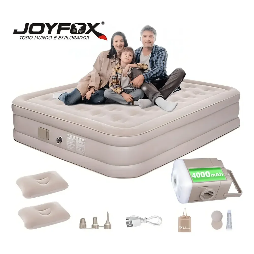 Colchão Inflável Queen Joyfox Bateria Lítio Integrada 203x154x44cm Creme