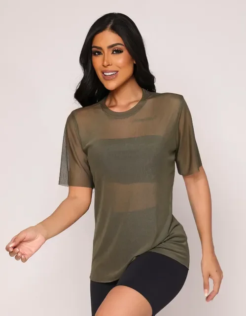 Blusa Feminina Moda Academia Fitness Tule Transparente Dk