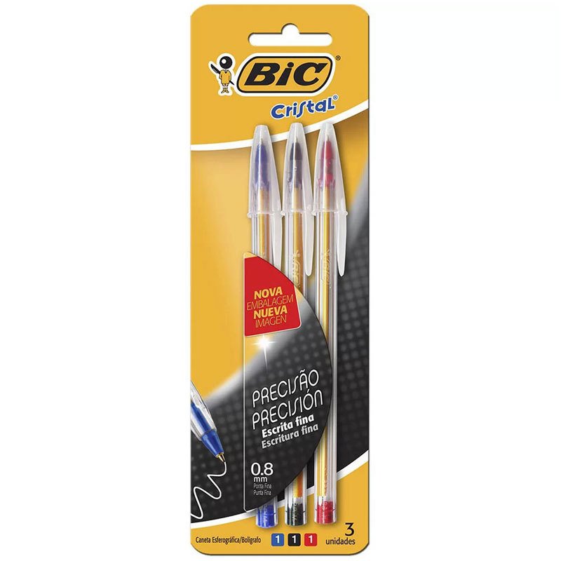 Caneta esferográfica Cristal Fina 0.8 AZ/PT/VM com 3 unidades Bic