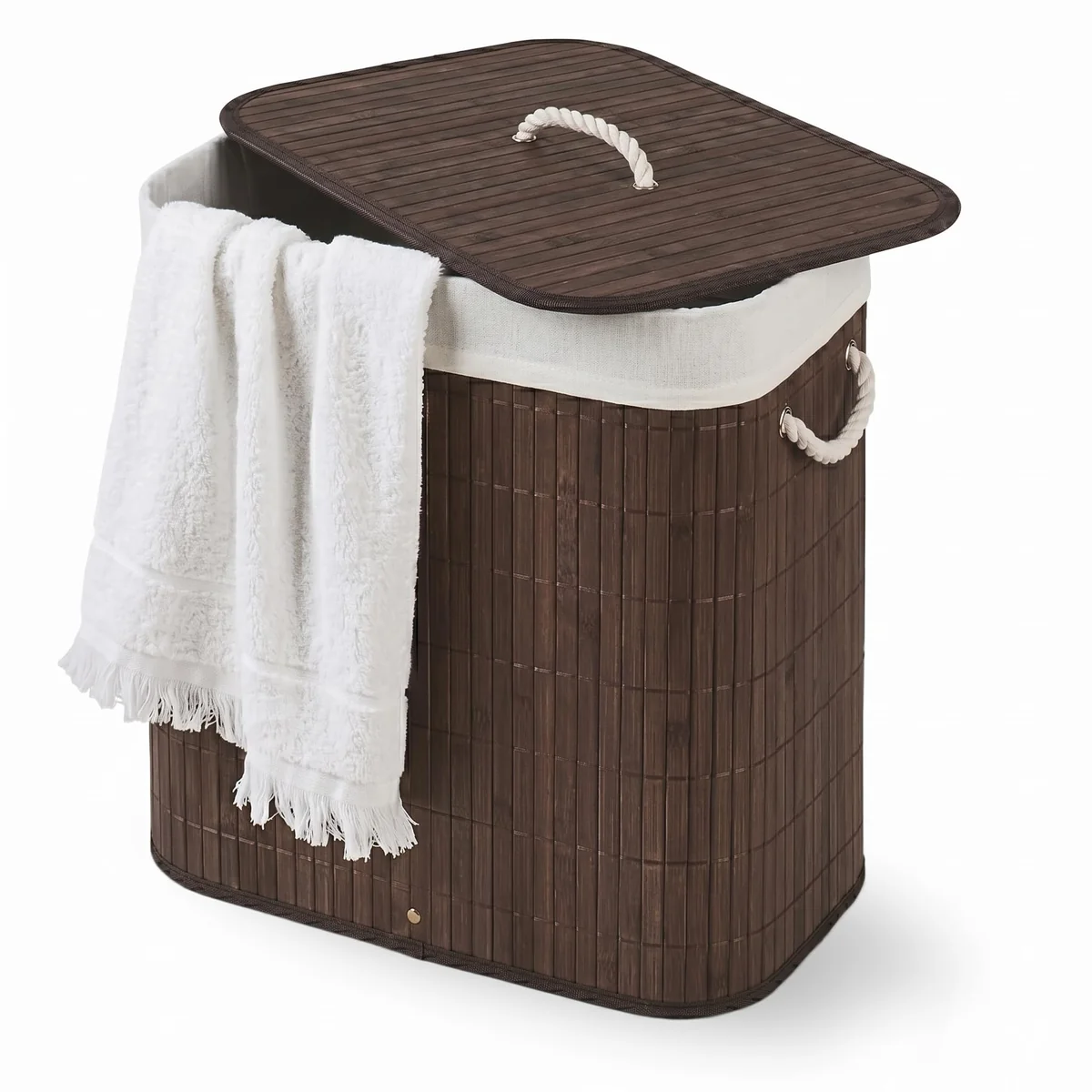 Cesto De Roupa Suja com Alças Em Bambu Com Tampa Forrado Banheiro Lavanderia Quarto