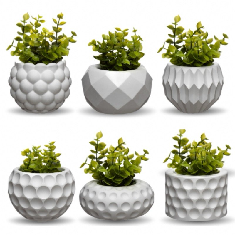 Conjunto decorativo com 6 vasos incluso planta artificial para decoração sala quarto banheiro lavabo