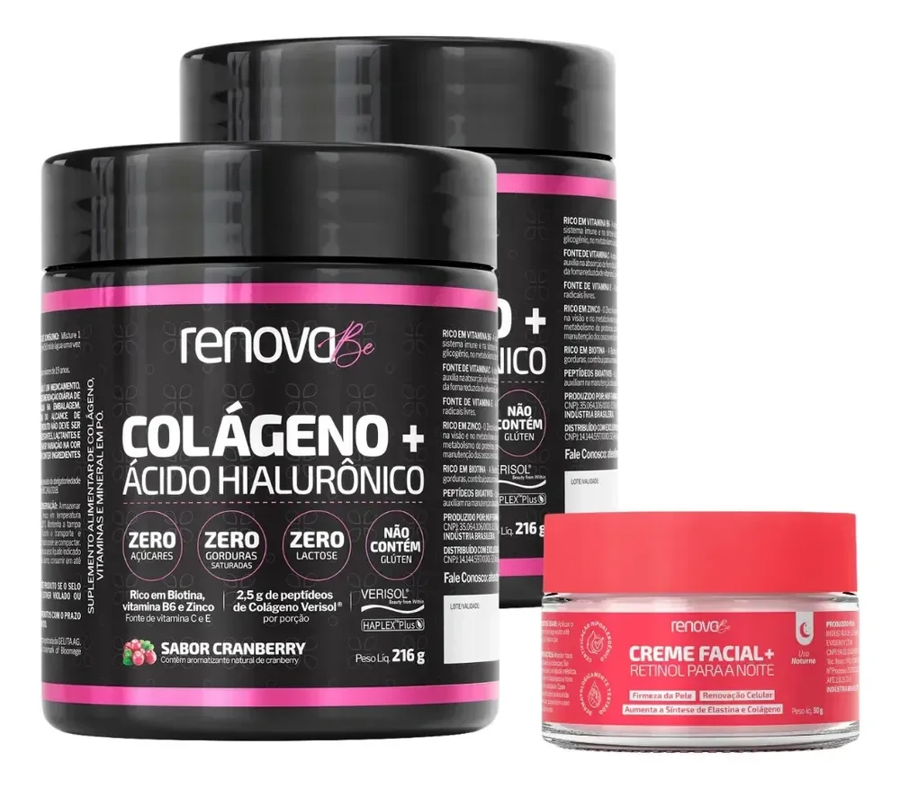 Kit 2x Colágeno + Ácido Hialurônico Verisol Renova Be Colágeno Hidrolisado Zero Lactose Vitaminas E, C, B6 Biotina e Zinco + Creme
