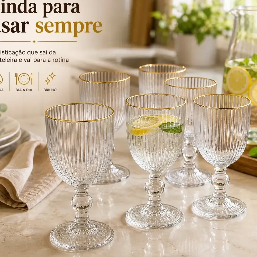 Kit De 6 Taças De Vidro Canelado Com Borda Dourada Para Água, Vinho E Suco Pratitudo Essencial Versalhes Gold 340 Ml Transparente Com Borda Dourada