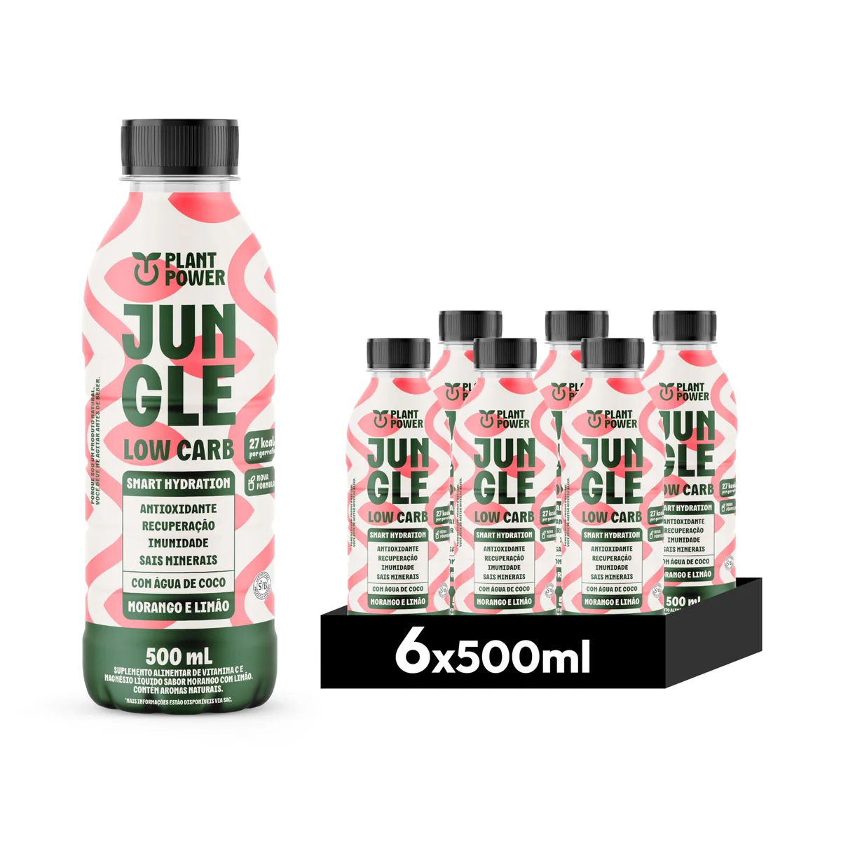 Jungle Low Carb Morango com Limão, Bebida Funcional, 500ml - 6 unidades
