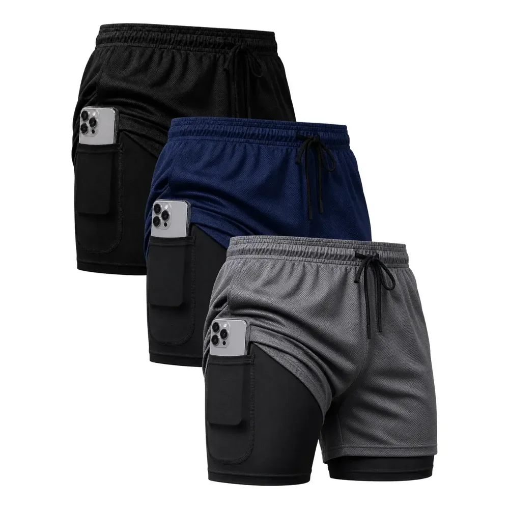 Kit 3 Shorts 2 Em 1 Duplo Dryfit Masculino Compressão Térmic Preto/cinza/azul-marinho Lisa G