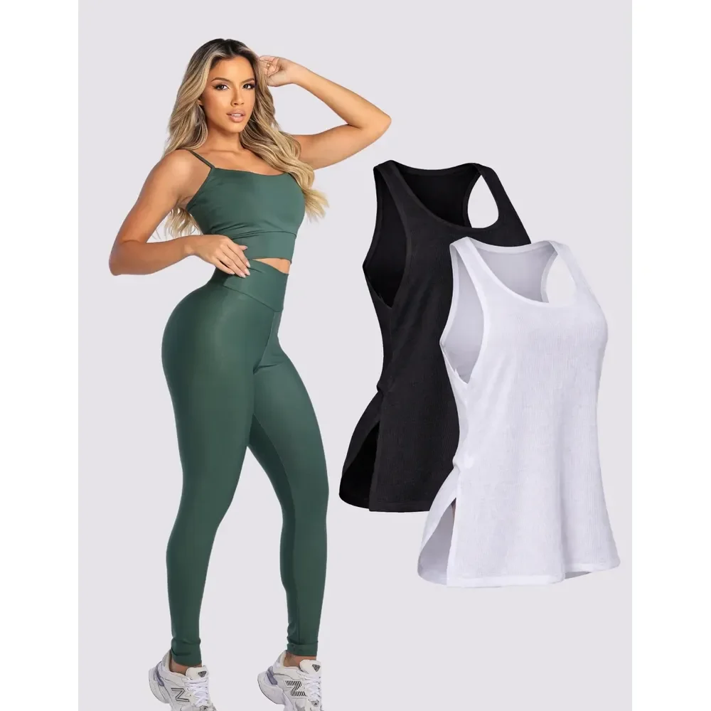 Kit Conjunto Fitnes Feminino Legging + Top + Regata Academia Verde Militar M