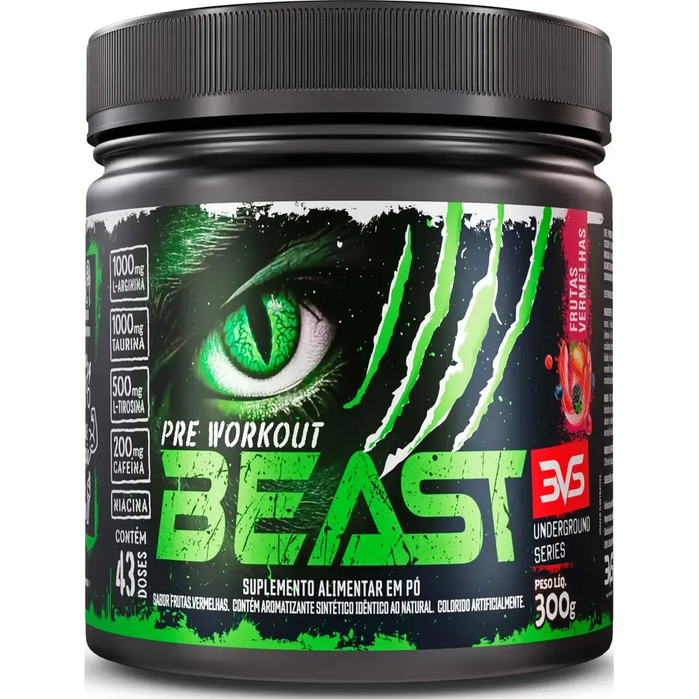 Pré-treino Beast 300g Sabor: Frutas Vermelhas - Ultra Concentrado - Promove Vasodilatação, Recuperação Energética, Aumento De Óxido Nítrico, Desintoxicação E Melhora De Concentração E Foco