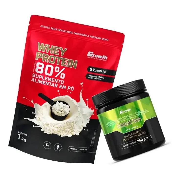 Kit Growth: Whey Protein Concentrado Leite Em Pó 1kg + Creatina Monohidratada Sem Sabor 250g