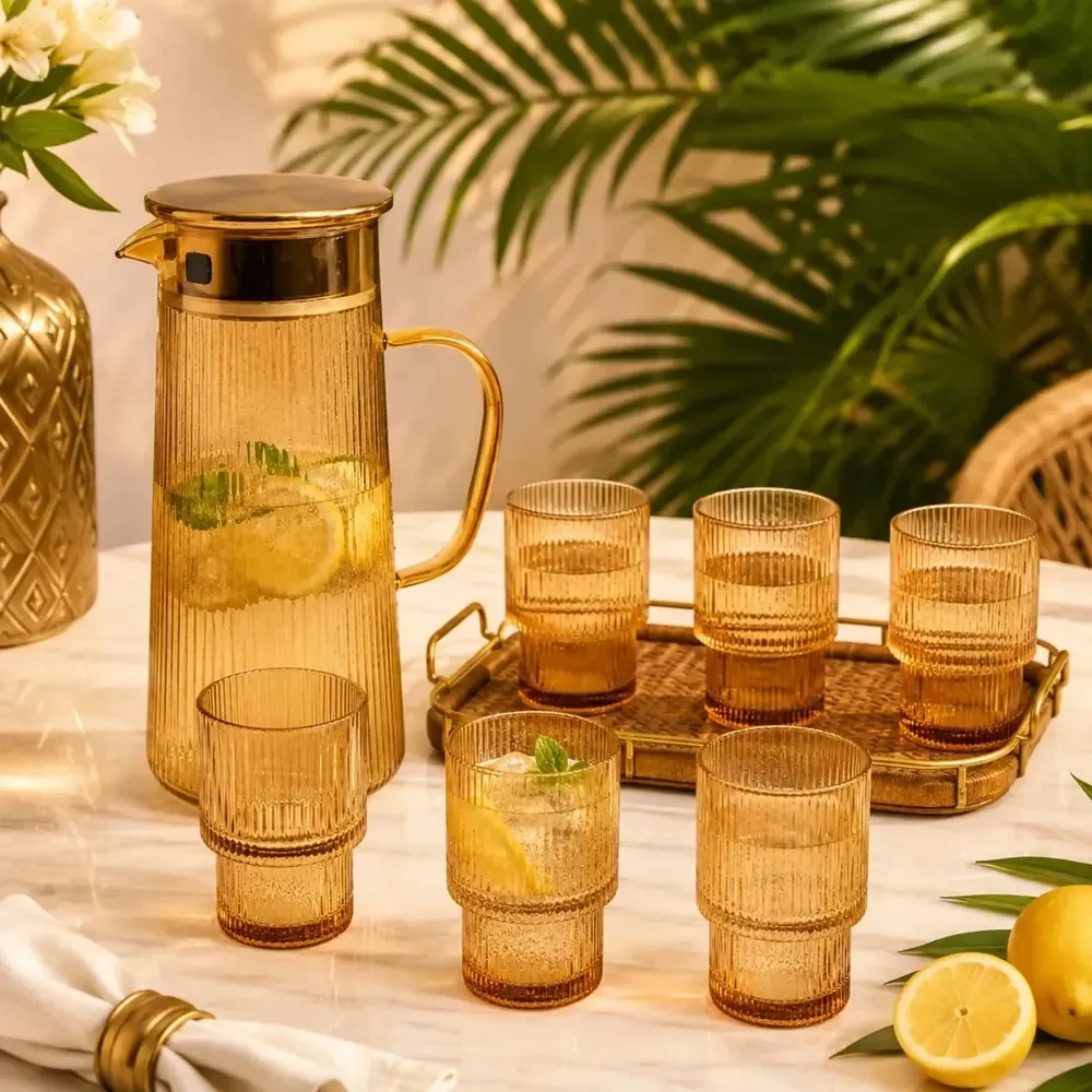 Jogo De Jarra 1,2l Com 6 Copos 200ml Vidro Âmbar Canelado