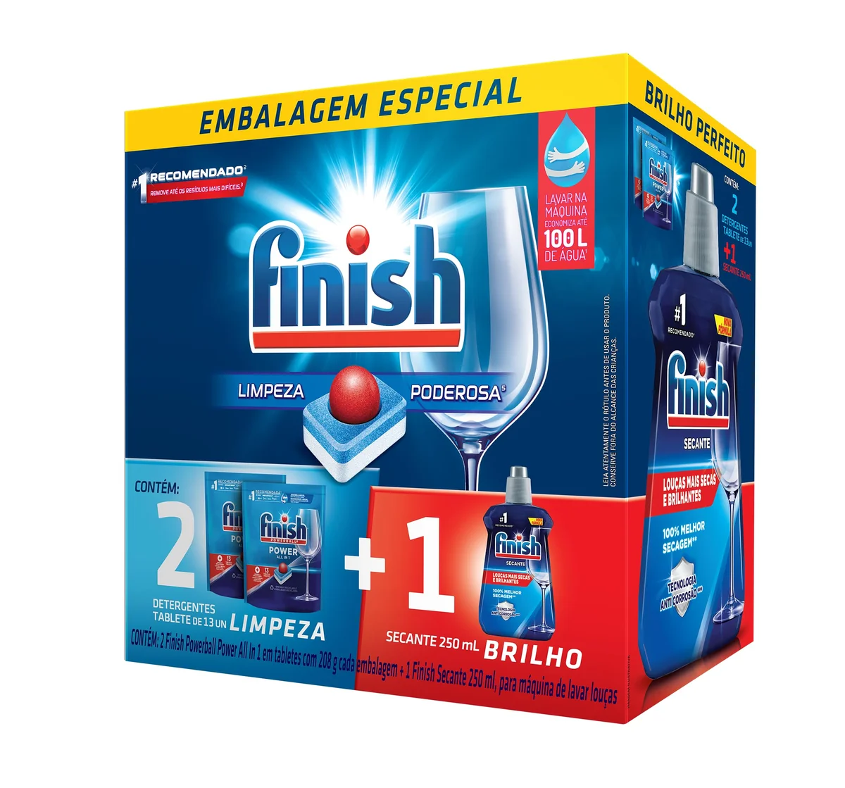 Kit 2 Detergentes Lava Louças Finish Powerball 13 tabs + 1 Finish Secante 250ml