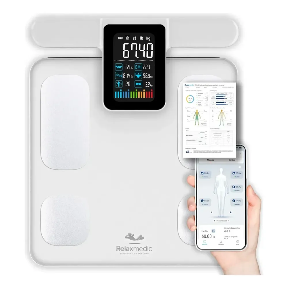 Balança Bioimpedância Corporal Digital Profissional 8 Eletrodos Bodyscan Pro - Relaxmedic Cor Branca Branco
