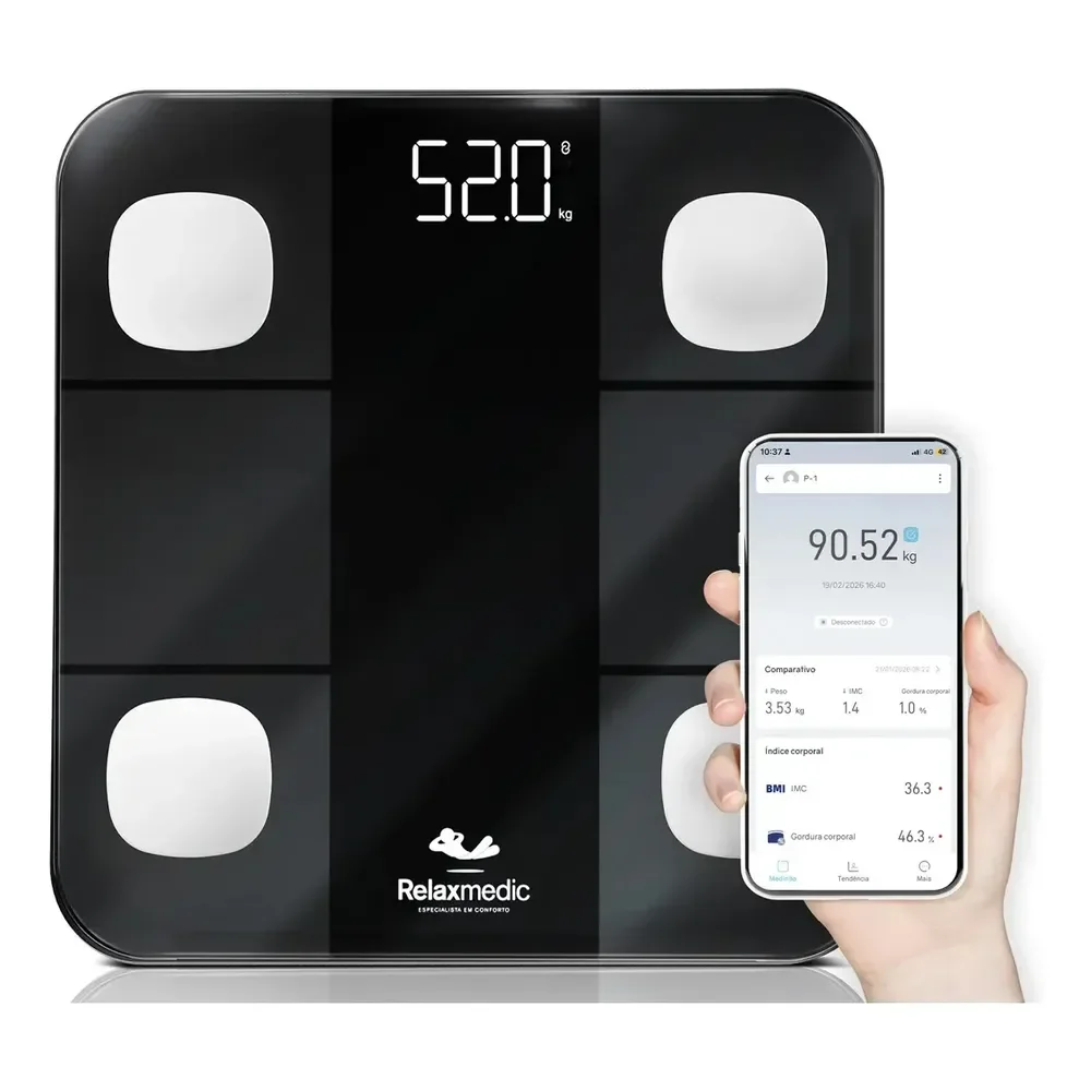 Balança Digital Corporal Bioimpedância Aplicativo Bluetooth Relaxmedic
