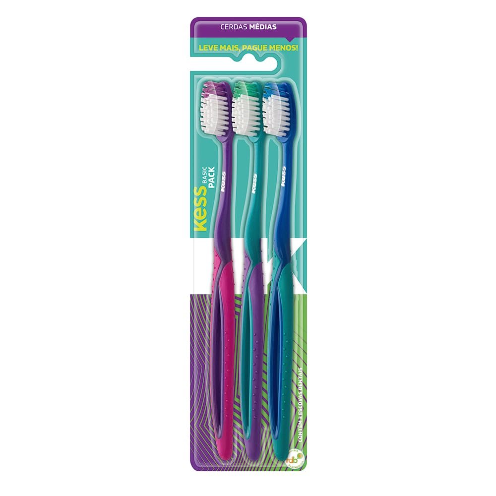 Kess Combo Econômico Com 3 Escovas Dentais Multicor