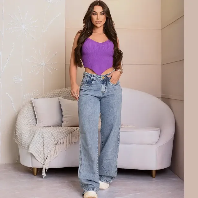 Calça Jeans Feminina Wide Leg 100% Algodão Pantalona Trend