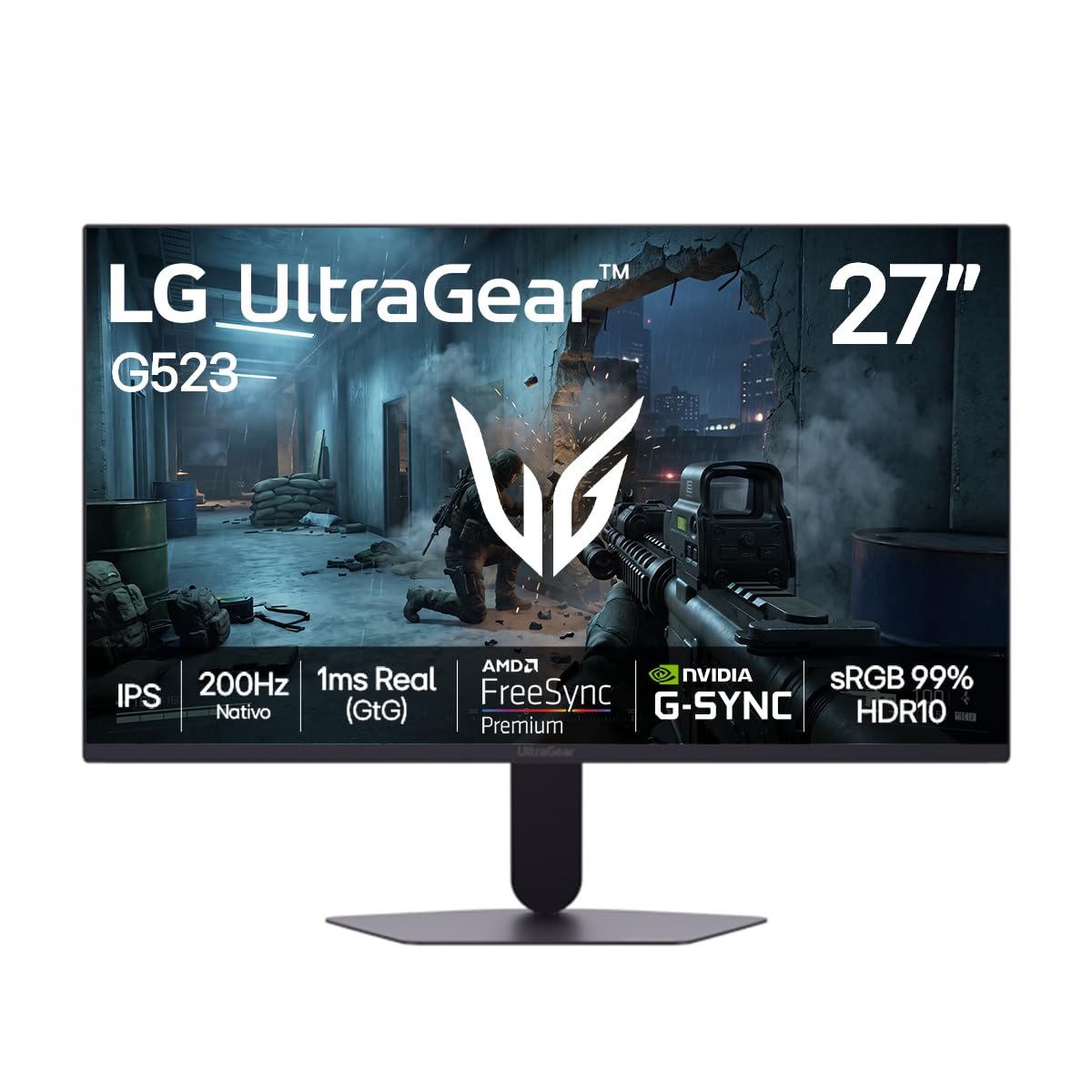LG UltraGear Monitor Gamer 27" IPS 200Hz, 1ms (GtG), Full HD (1920x1080), HDR10, NVIDIA G-SYNC AMD, FreeSync Premium, sRGB 99%, Preto - 27G523B