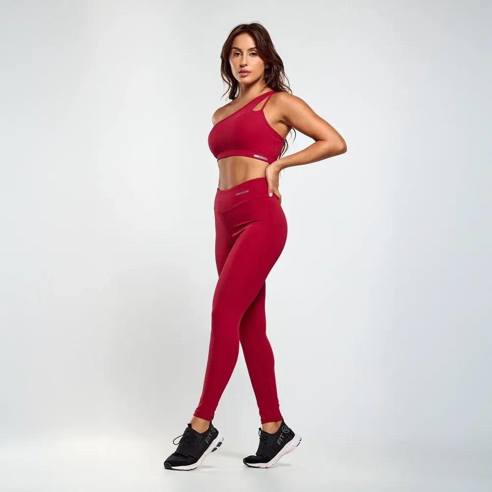 Conjunto Fitness Top Ombro Único E Legging Feminino Academia Vermelho Escuro M