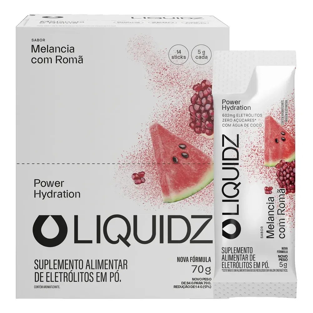 Liquidz® - Eletrólitos Zero Açúcares - Sabor Melancia Com Romã - Kit 1 Caixa - 14 Sachês