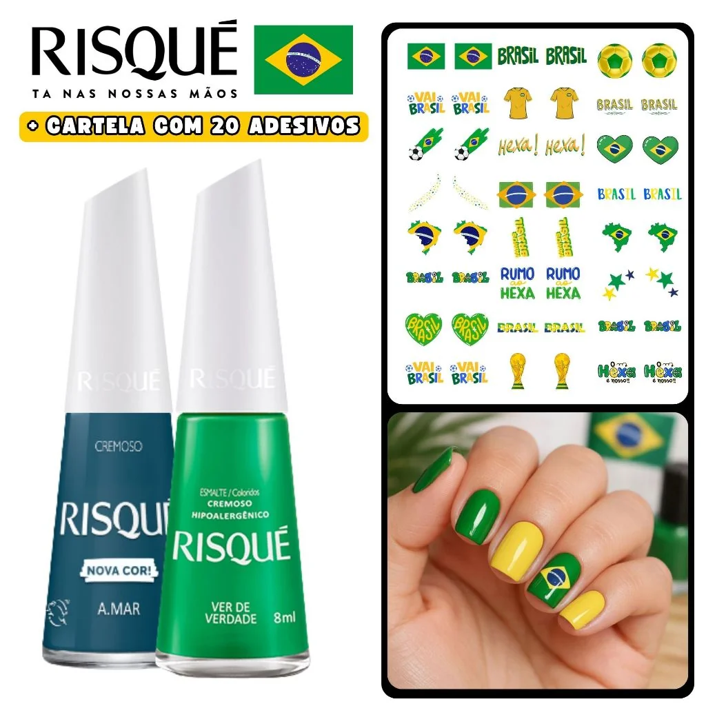 Kit 2 Esmaltes Risqué Azul e Verde + 20 Adesivos Brasil Copa 2026