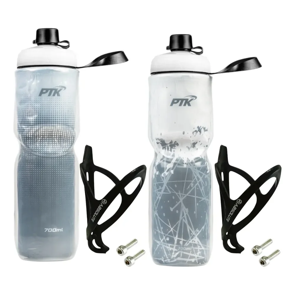 2 Garrafas Caramanhola Térmica P/ Bike 700ml + Suporte Absol Full Preto Abs/cold Branco Abs