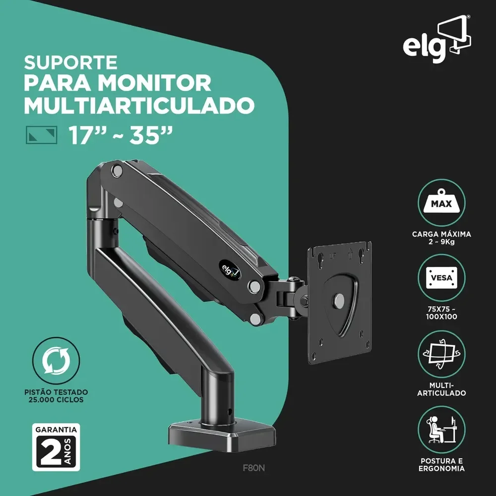 Suporte Articulado de Mesa F80N com Pistão a Gás para Monitores de 17'' a 35'' Ergonômico