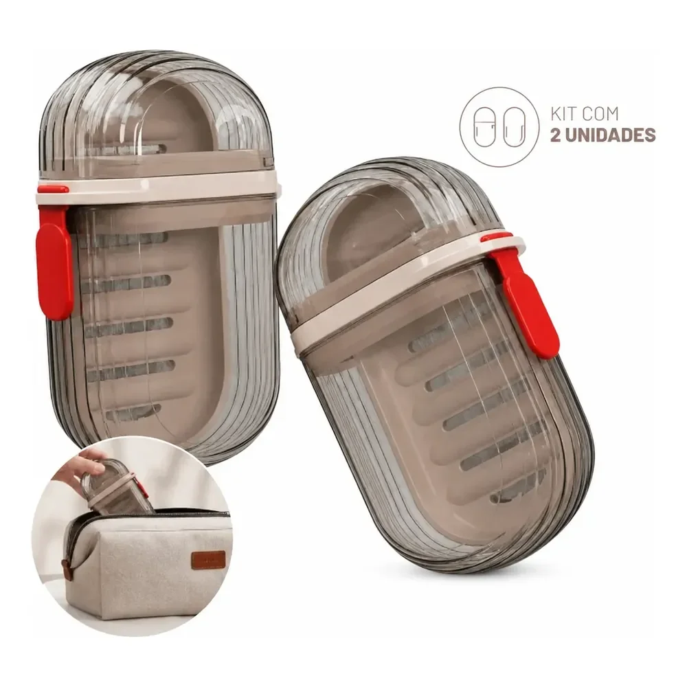 Kit 2 Saboneteira Viagem Com Estojo Dupla Drenagem E Trava Marrom