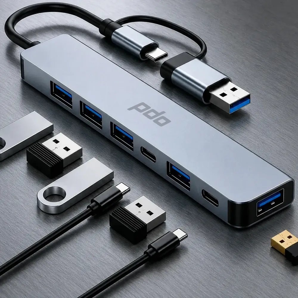 Hub USB 3.0 PDO 7 em 1 de Alumínio Com Adaptador Híbrido USB-C e USB-A