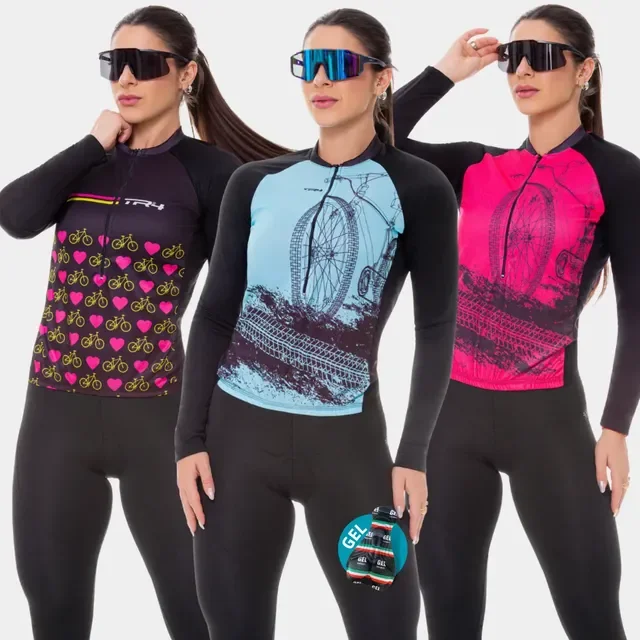 Conjunto Ciclismo Feminino Camisa Manga Longa + Calça Gel