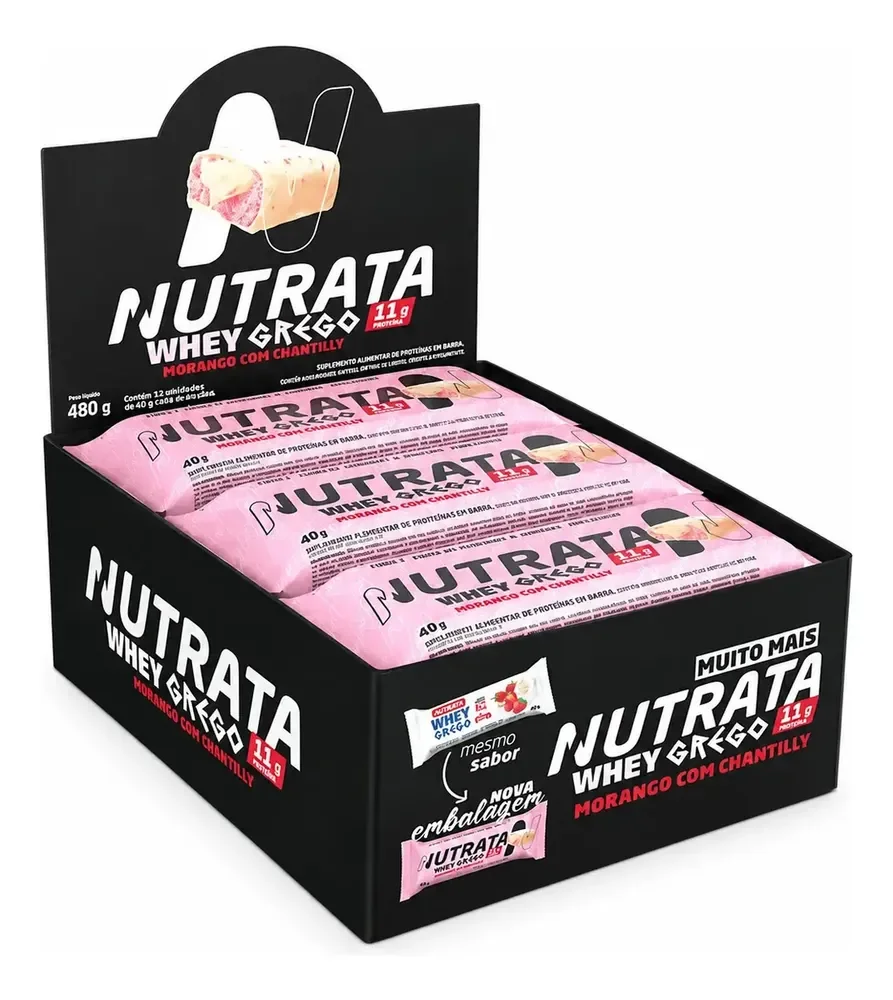 Barra Whey Grego 40g Display com 12 unidades Morango com Chantilly Nutrata