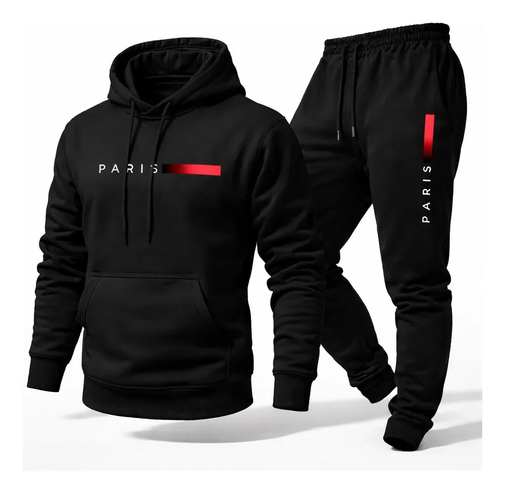 Conjunto Moletom Calça Unissex Paris Canguru Casaco Frio G Preto