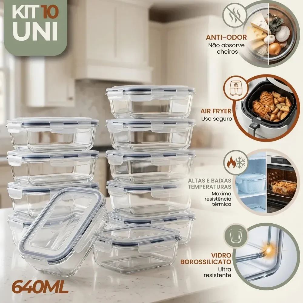 Kit 10 Pote De Vidro Marmita Hermético 640ml Freezer Fitness Rishon
