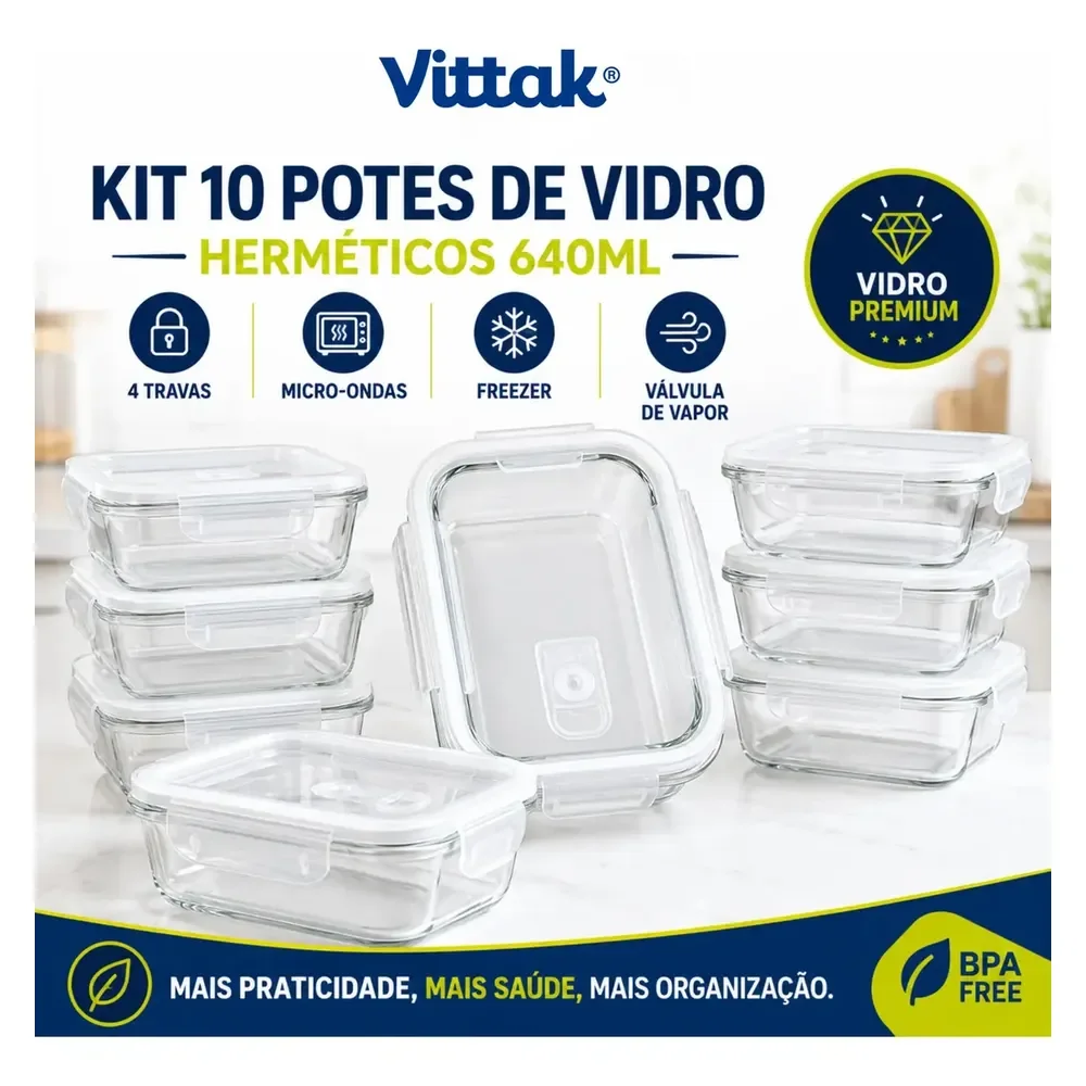 Vittak Kit 10 Potes Vidro Hermético Com 4 Travas Marmita Microondas Freezer Transparente 640ml