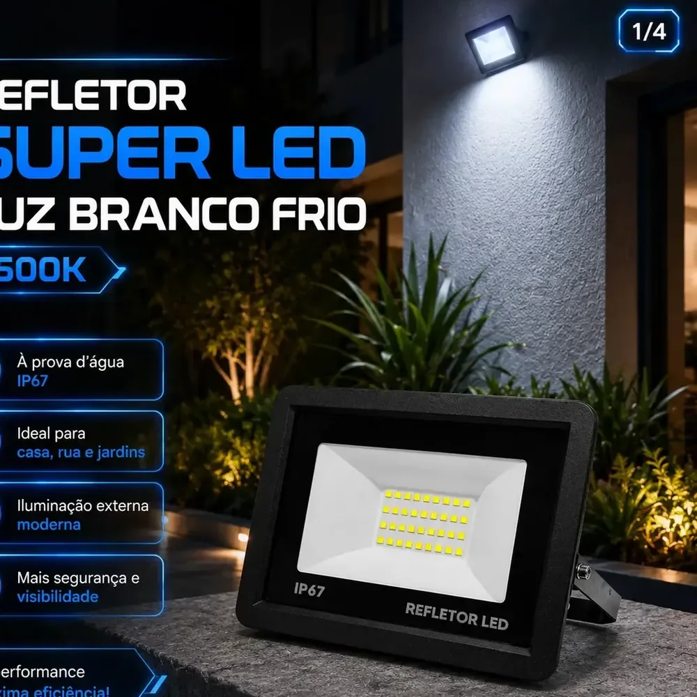 Kit 4 Refletores Super Led 200w Holofote Bivolt Ip67 Prova D'água Branco Frio 6500k 127/220v Preto