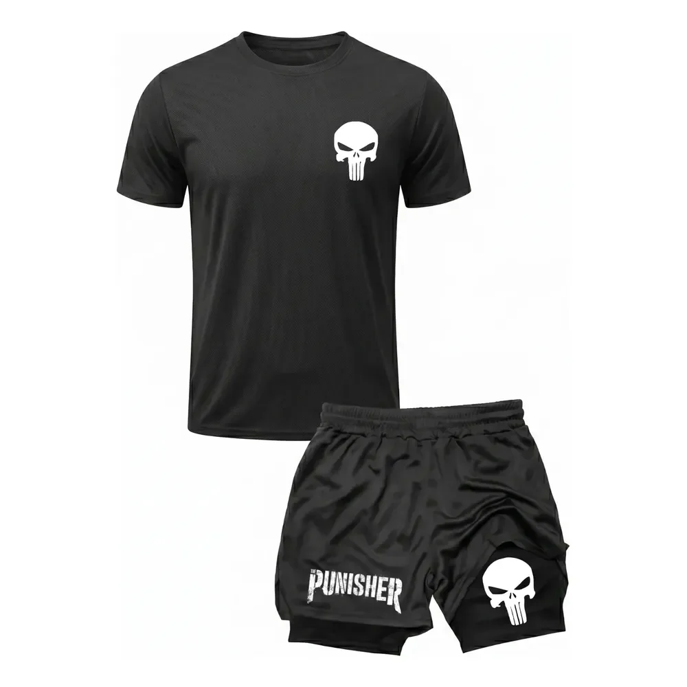 Kit Academia Treino Camiseta Dry Fit + Short 2 Em 1 Punisher Preto M