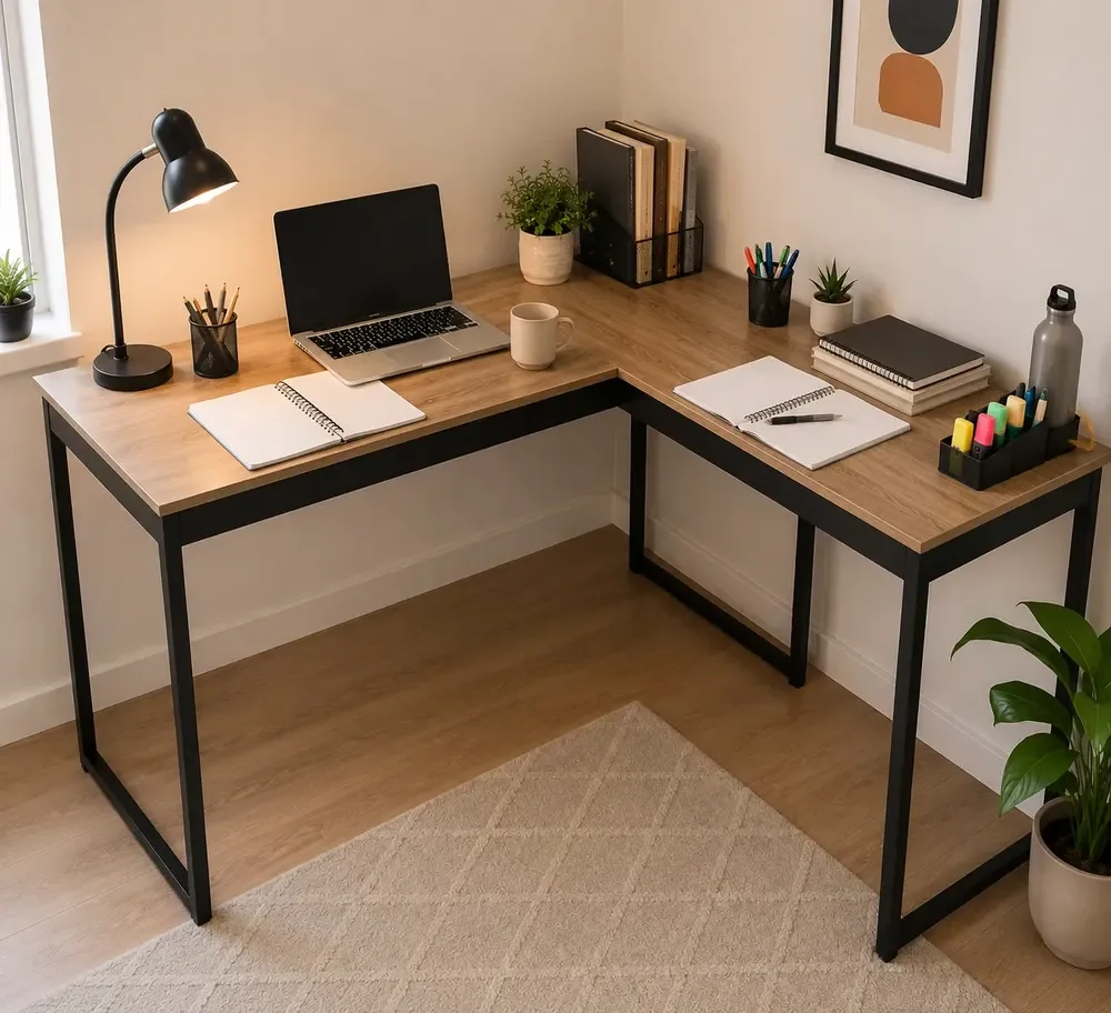 Mesa Escrivaninha Em L Industrial Preta Setup Multiuso Madeira E Mel