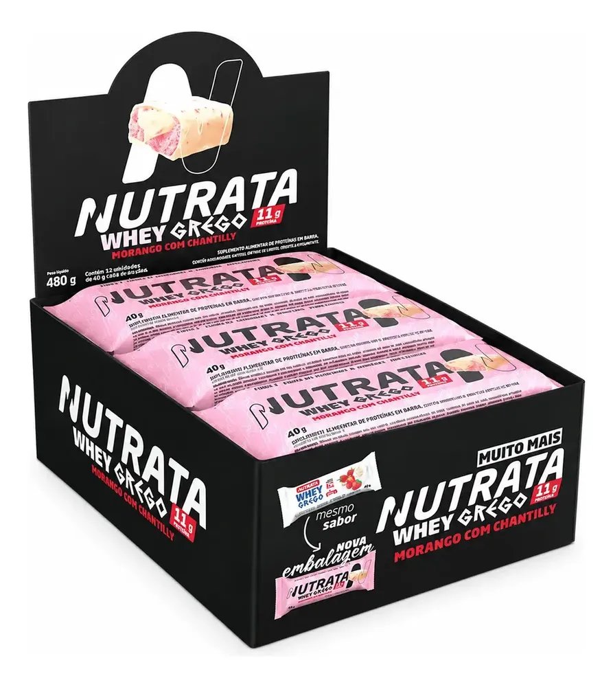 Barra Whey Grego 40g Display com 12 unidades Morango com Chantilly Nutrata