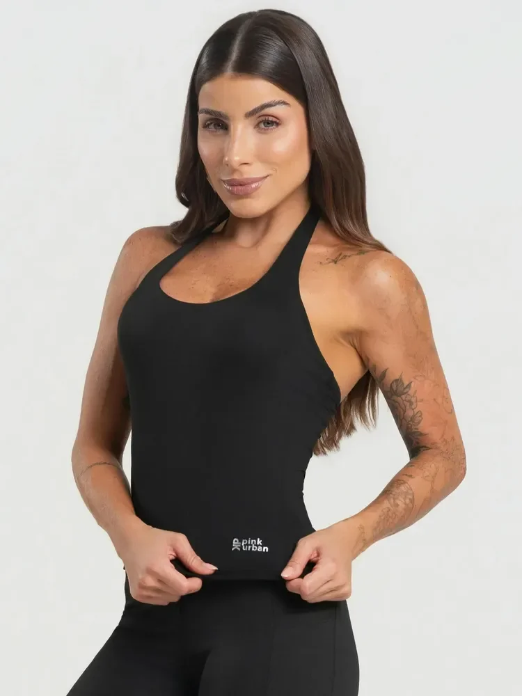 Regata Fitness Feminino Frente Única Costa Blusa Poliamida Preto Frente Única M