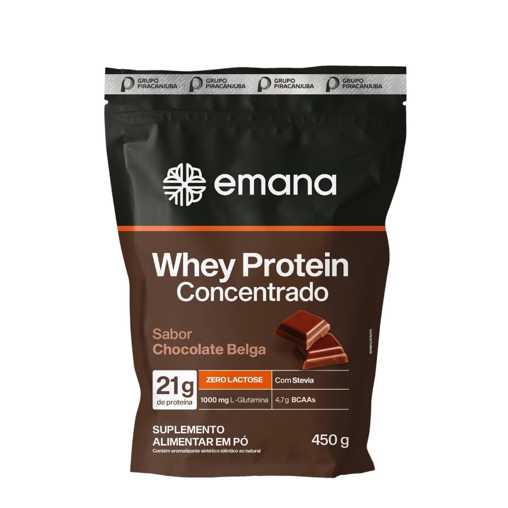 Emana Suplemento Alimentar em Pó Whey Protein Adoçado com Stevia Sabor Chocolate Belga - 450g